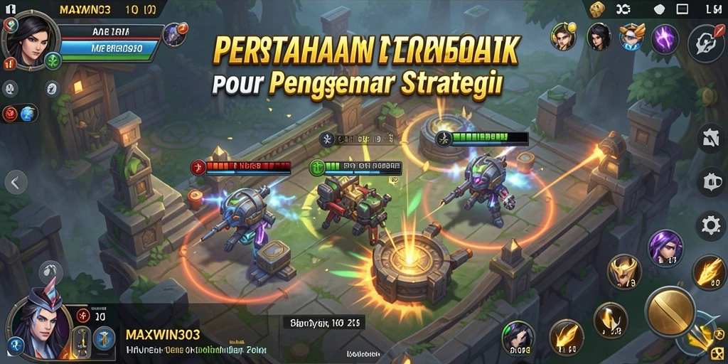 Tangkapan layar utama yang menampilkan pertempuran Tower Defense yang intens.
