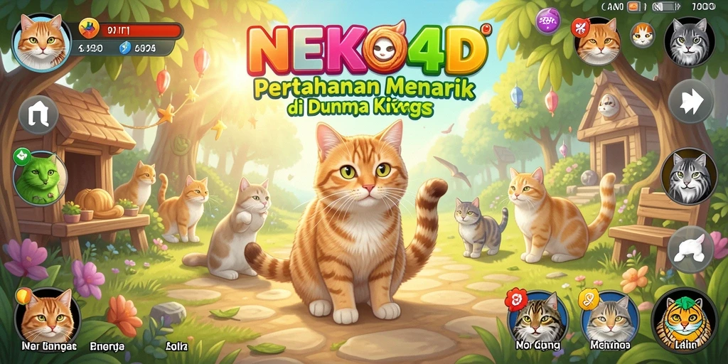 Tampilan gameplay NEKO4D dengan kucing-kucing berjuang di pertahanan.