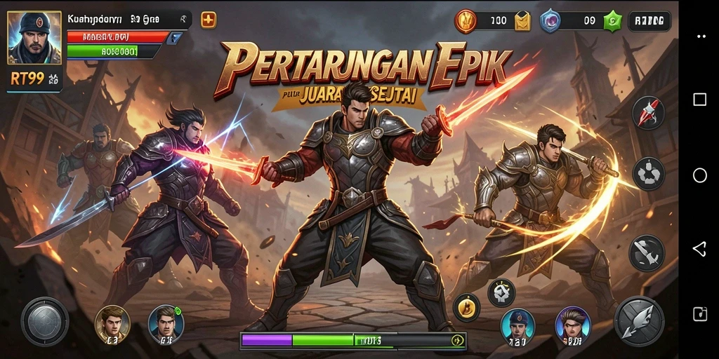 Screenshot utama RT99 menampilkan pertarungan aksi yang menegangkan.