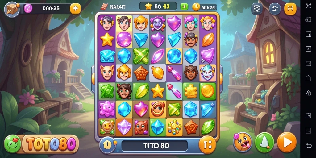 Screenshot gameplay TOTO80 menampilkan serangkaian objek berwarna yang mencolok.
