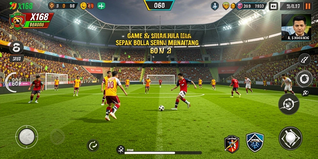 Screenshot menunjukkan gameplay X168 yang mendebarkan dan penuh aksi sepak bola.