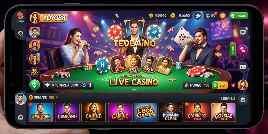 Screenshot gameplay <strong>YOYO88</strong> menunjukkan dealer langsung dan suasana kasino yang mengesankan.